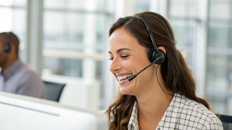 Uśmiechnięta konsultantka rozmawia z klientem przez zestaw słuchawkowy