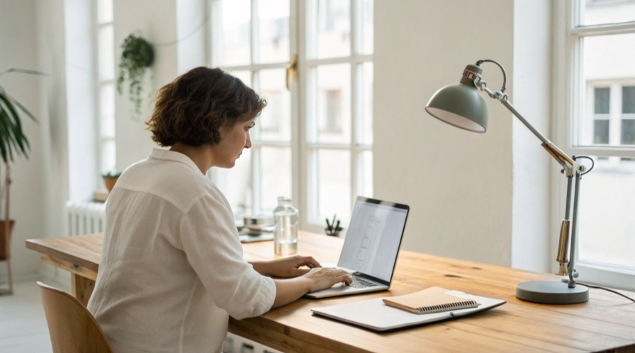 Kobieta wystawiająca oferty na aukcje przy drewnianym biurku w jasnym biurze