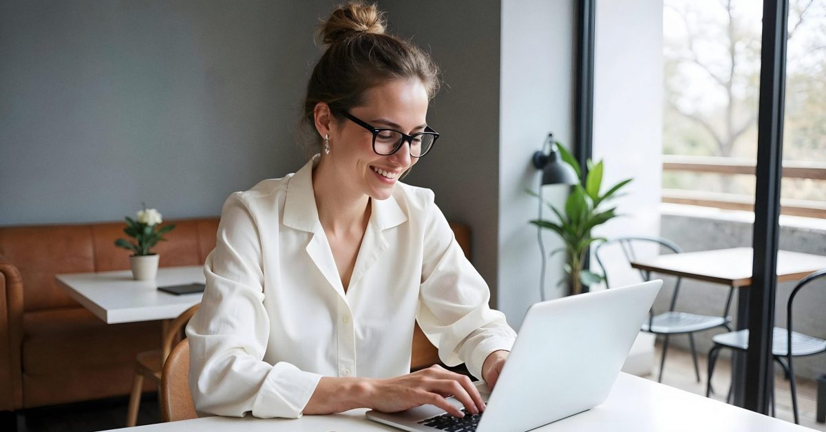 Uśmiechnięta kobieta siedząca przy stoliku i pracująca na laptopie