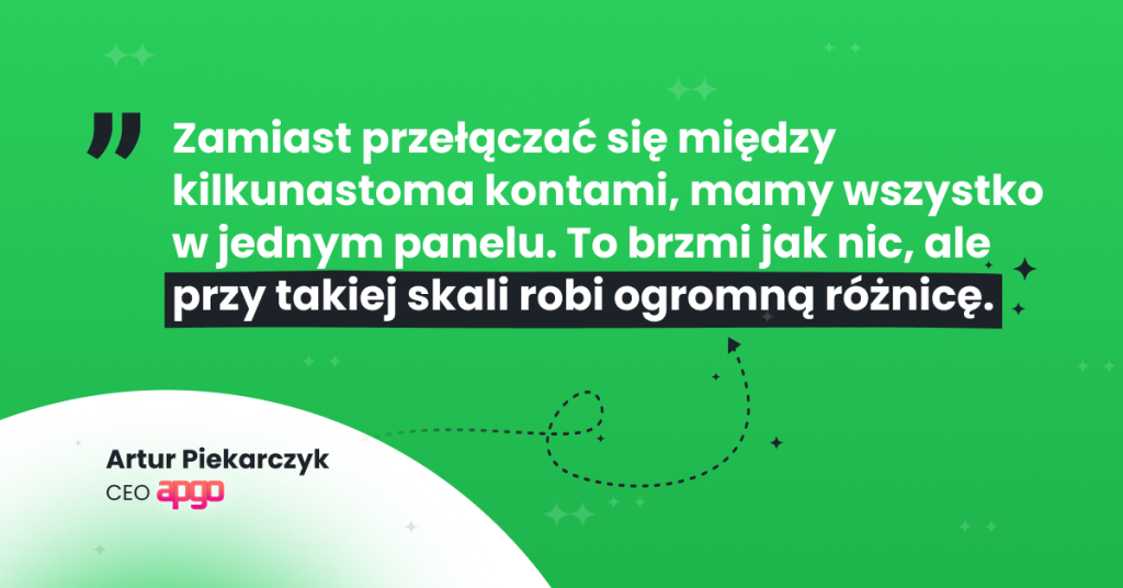 Responso × apgo - Artur Piekarczyk o jednym panelu obsługi klienta Artur Piekarczyk, CEO apgo: „Zamiast przełączać się między kilkunastoma kontami, mamy wszystko w jednym panelu. To brzmi jak nic, ale przy takiej skali robi ogromną różnicę.”