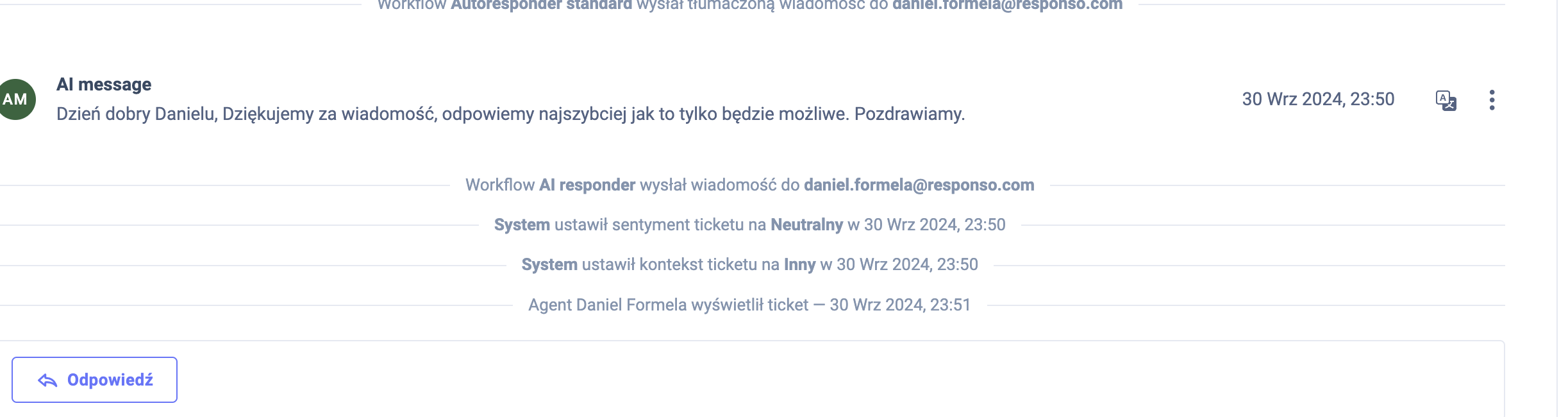 Informacja o otwarciu ticketu przez agenta