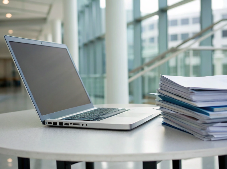 Otwarty laptop stojący obok stosu dokumentów na stole w nowoczesnym biurze